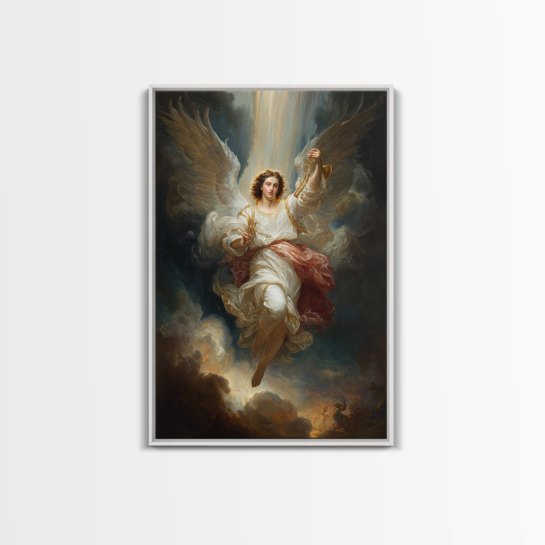 Radiant Angel In White Robes With Gold Accents And Warm Glowing Light - Framed Canvas Print For Home Decor