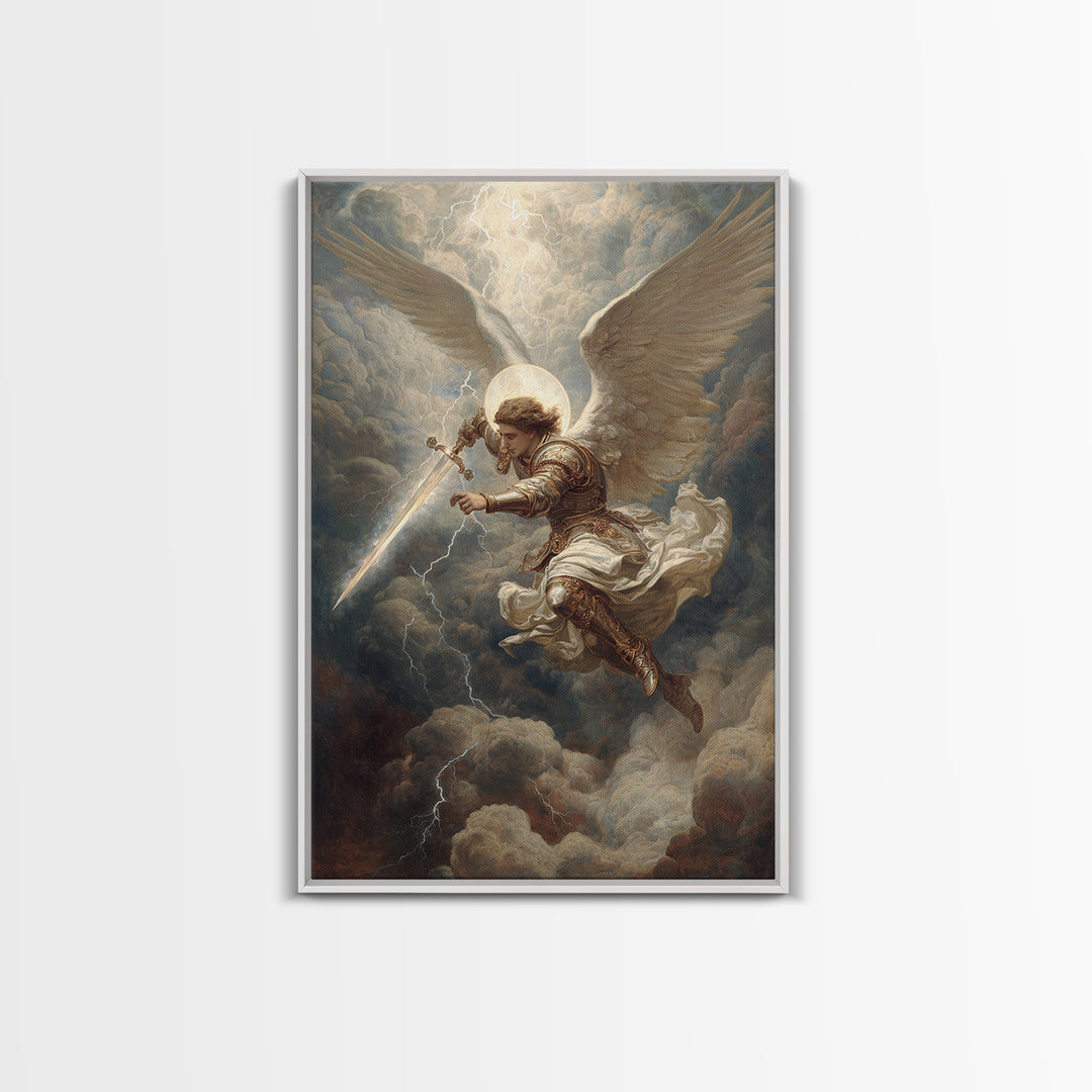 Majestic Archangel With Sword In Stormy Skies Wall Art Framed Canvas Print For Spiritual Home Decor