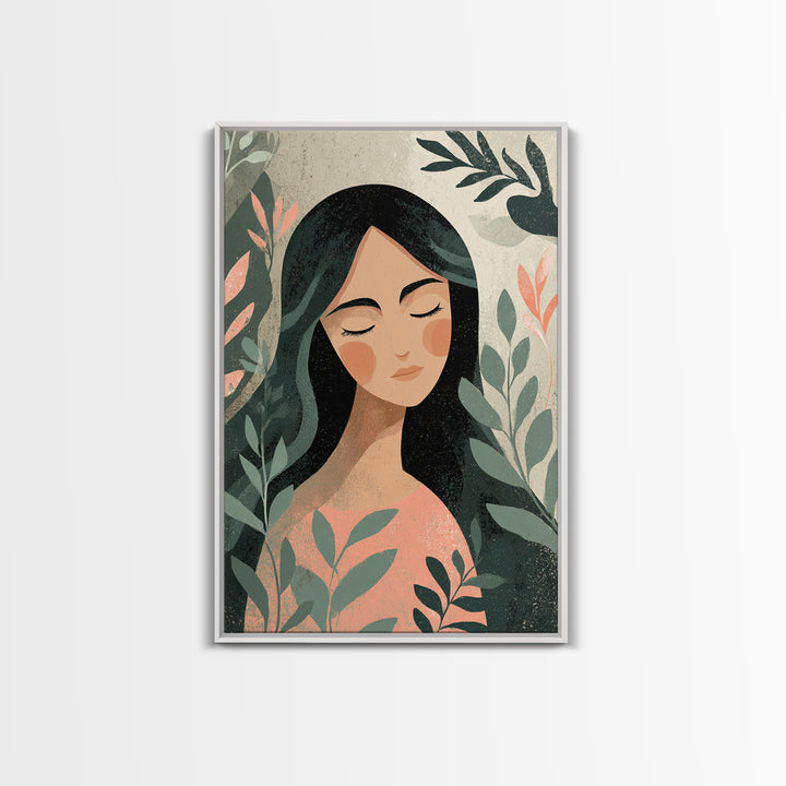 Serene Botanical Woman Portrait Wall Art, Feminine Boho Decor, Modern Illustration Print, Nature Inspired Art, Gift For Her