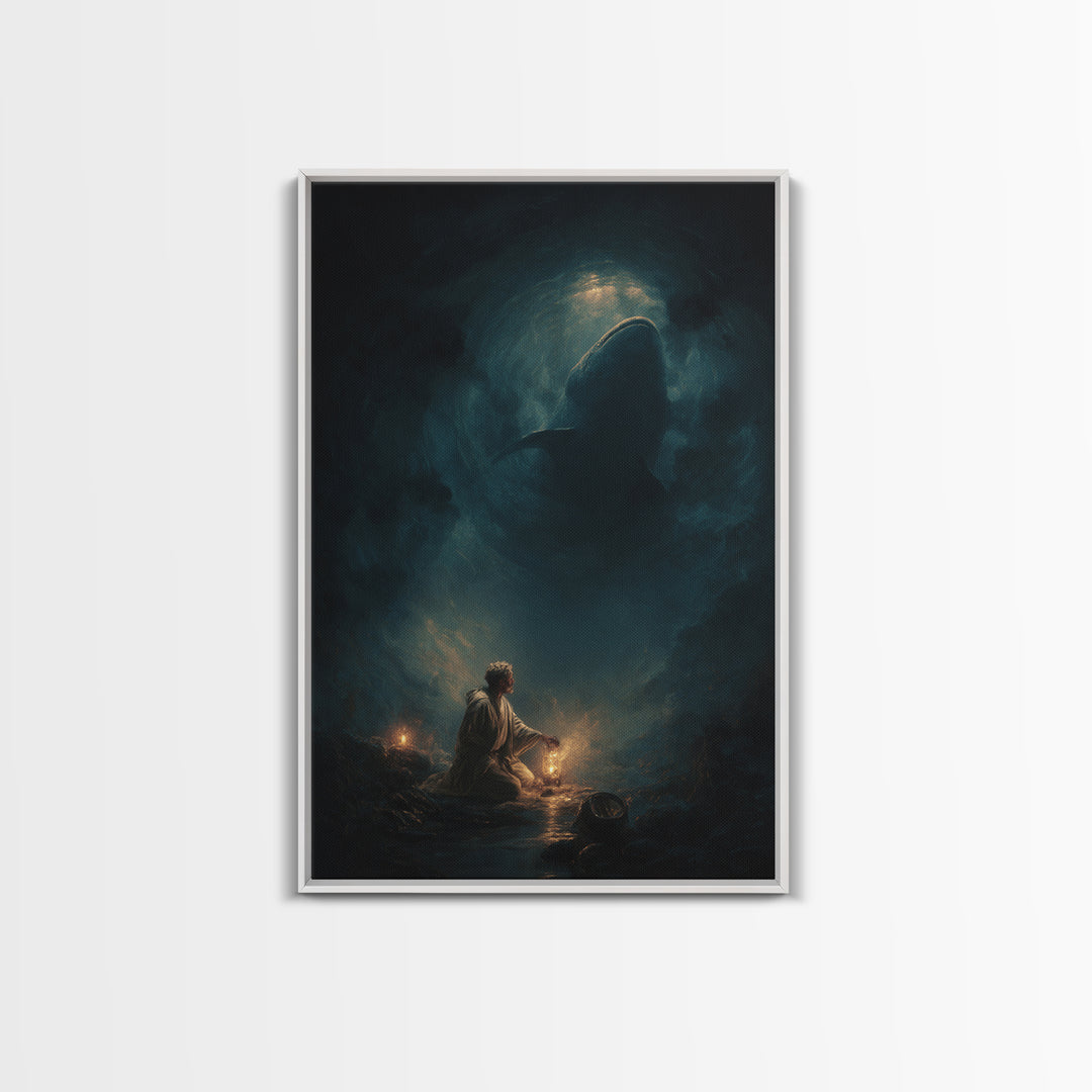 Underwater Dark Shark Illustration Mystical Ocean Scene Moody Wall Art - Canvas Print For Nautical Living Room Decor