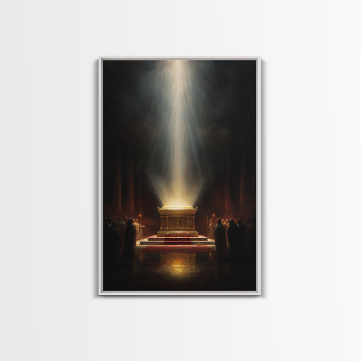 Golden Glowing Ark Illuminated By Light Rays Wall Art Framed Canvas Print For Religious Home Decor Gift
