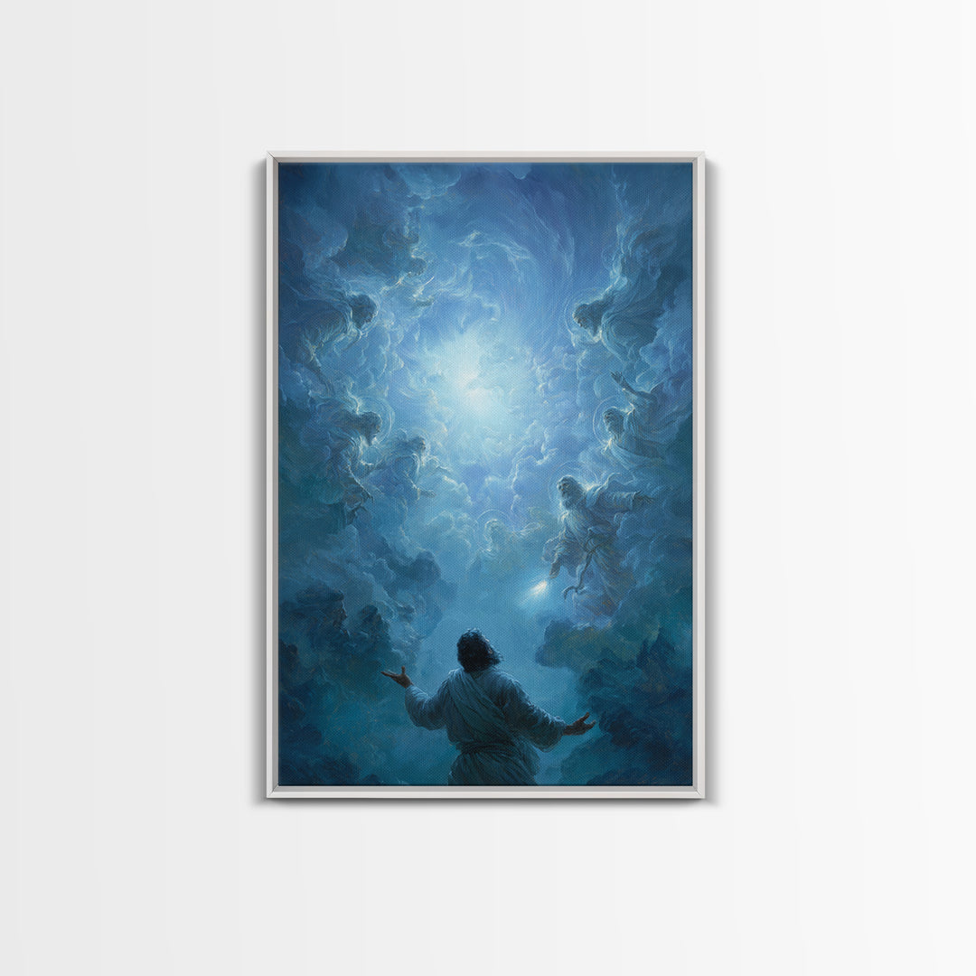 Celestial Encounter With Divine Figures In Blue Sky Spiritual Wall Art Framed Canvas Print For Home Decor
