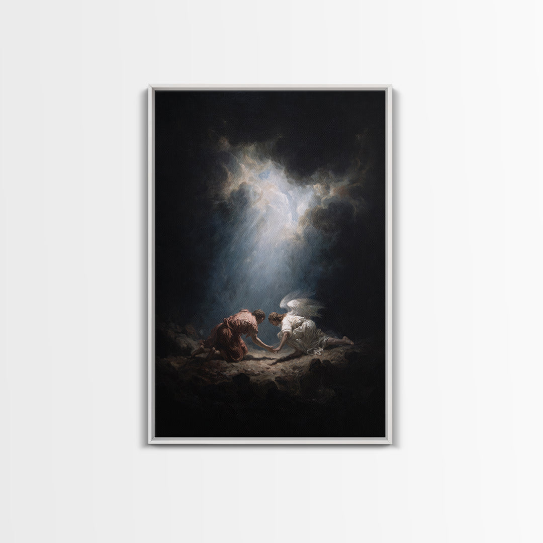Mystical Religious Scene Angel And Figure In Light Rays Spiritual Wall Art Framed Canvas Print Calming Fine Art For Bedroom Decor