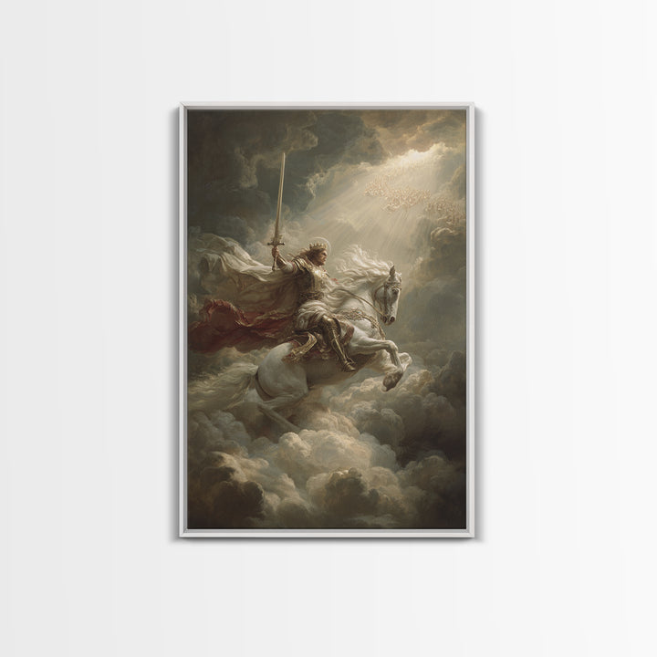Majestic Knight On White Horse Charging Through Clouds Oil Painting Canvas Print For Romantic Bedroom Decor And Fantasy Art