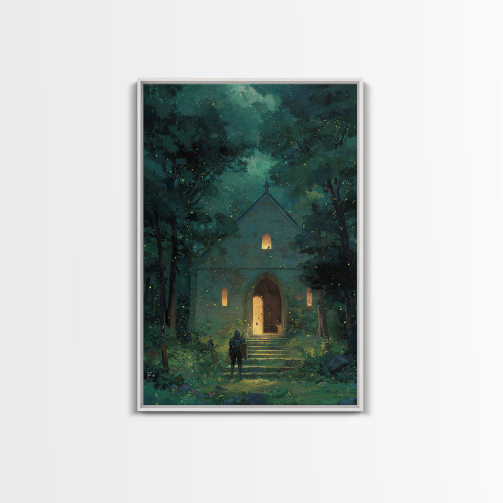 Knight Approaching Enchanted Forest Chapel With Fireflies At Dusk Wall Art Framed Canvas Print For Bedroom Decor