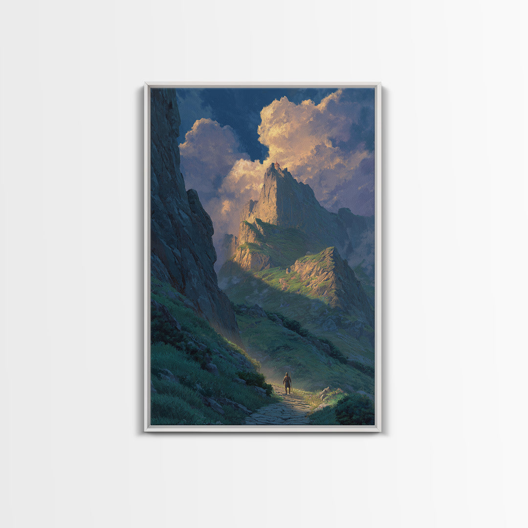 Epic Mountain Landscape With Brave Knight Walking Path Dramatic Sky Fine Art Canvas Print For Living Room