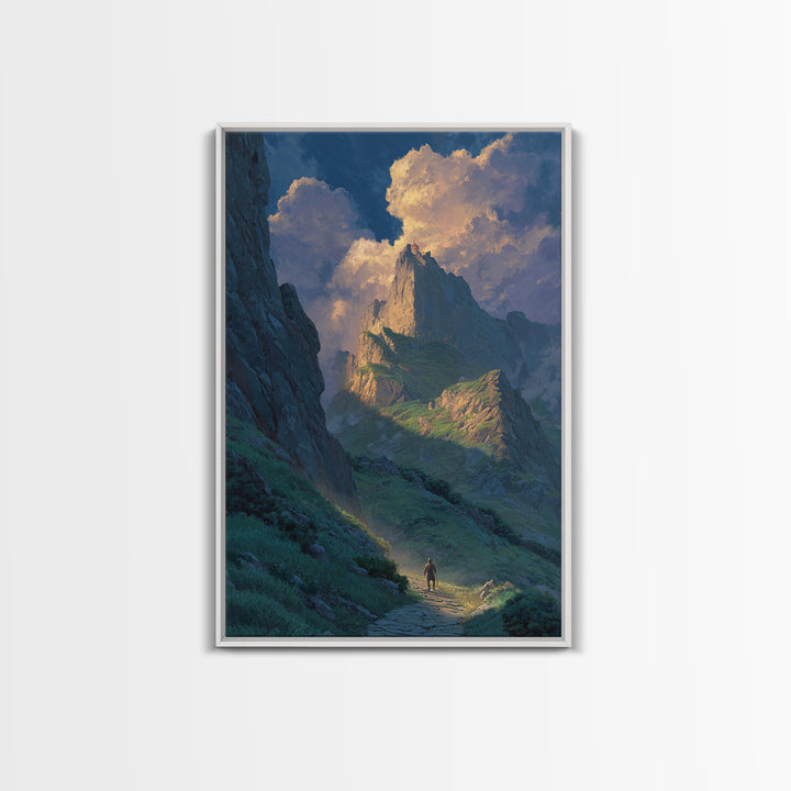 Epic Mountain Landscape With Brave Knight Walking Path Dramatic Sky Fine Art Canvas Print For Living Room