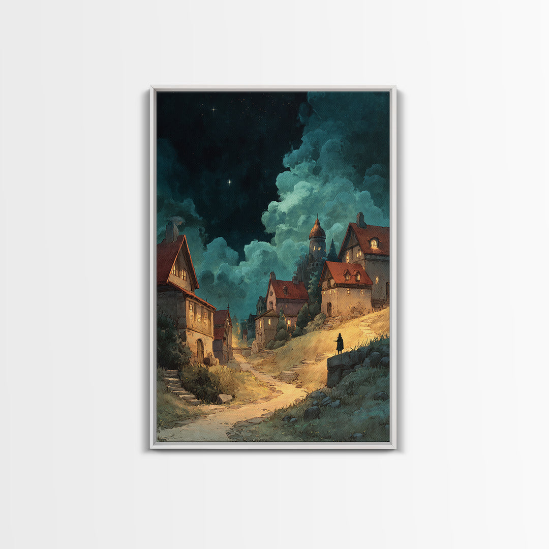 Fantasy Village Landscape With Glowing Lights At Night Framed Canvas Print Large Wall Art For Living Room