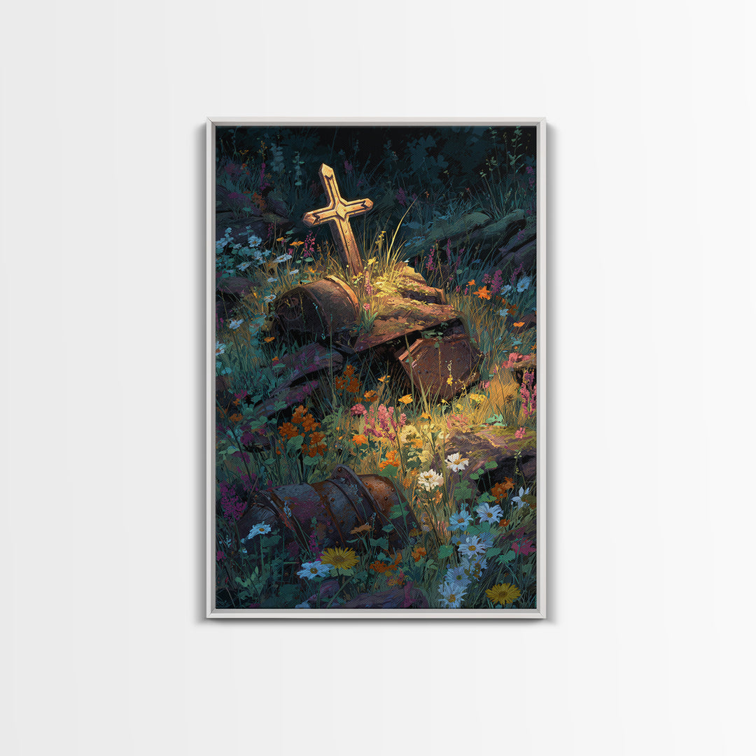 Overgrown Ruins With Flowers Fantasy Landscape Digital Painting Wall Art Canvas Print Unique Nature Inspired Home Decor