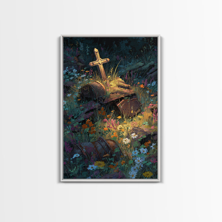 Overgrown Ruins With Flowers Fantasy Landscape Digital Painting Wall Art Canvas Print Unique Nature Inspired Home Decor