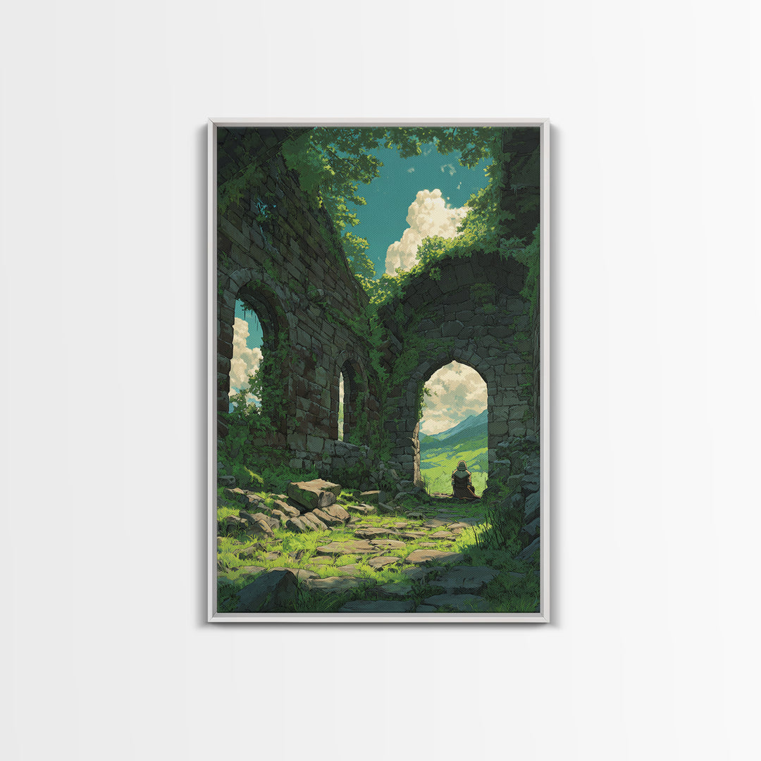 Mystical Forest Ruins With Lush Greenery And Blue Sky Fantasy Digital Art Wall Art Canvas Print For Nature Lovers
