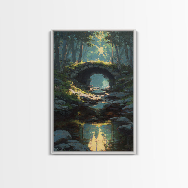 Serene Forest Path Under Stone Bridge With Dappled Sunlight Original Oil Painting Wall Art Framed Canvas Print
