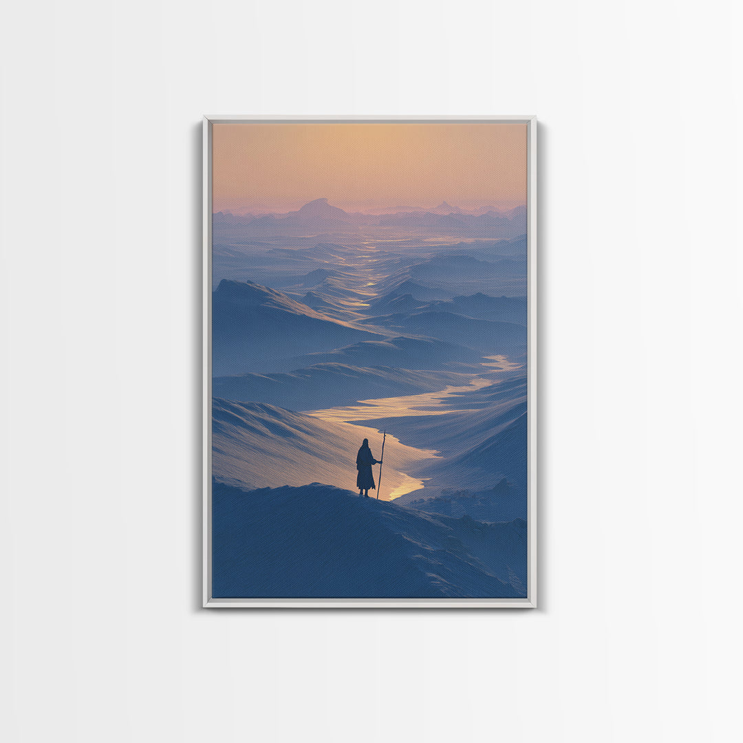Serene Blue Mountain Landscape With Lone Traveler Canvas Print Tranquil Wall Art Framed Home Decor