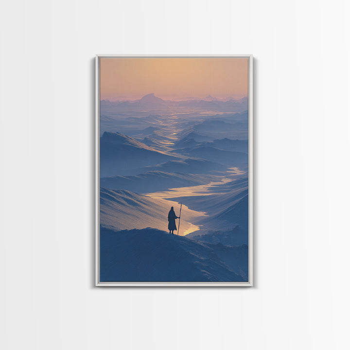 Serene Blue Mountain Landscape With Lone Traveler Canvas Print Tranquil Wall Art Framed Home Decor