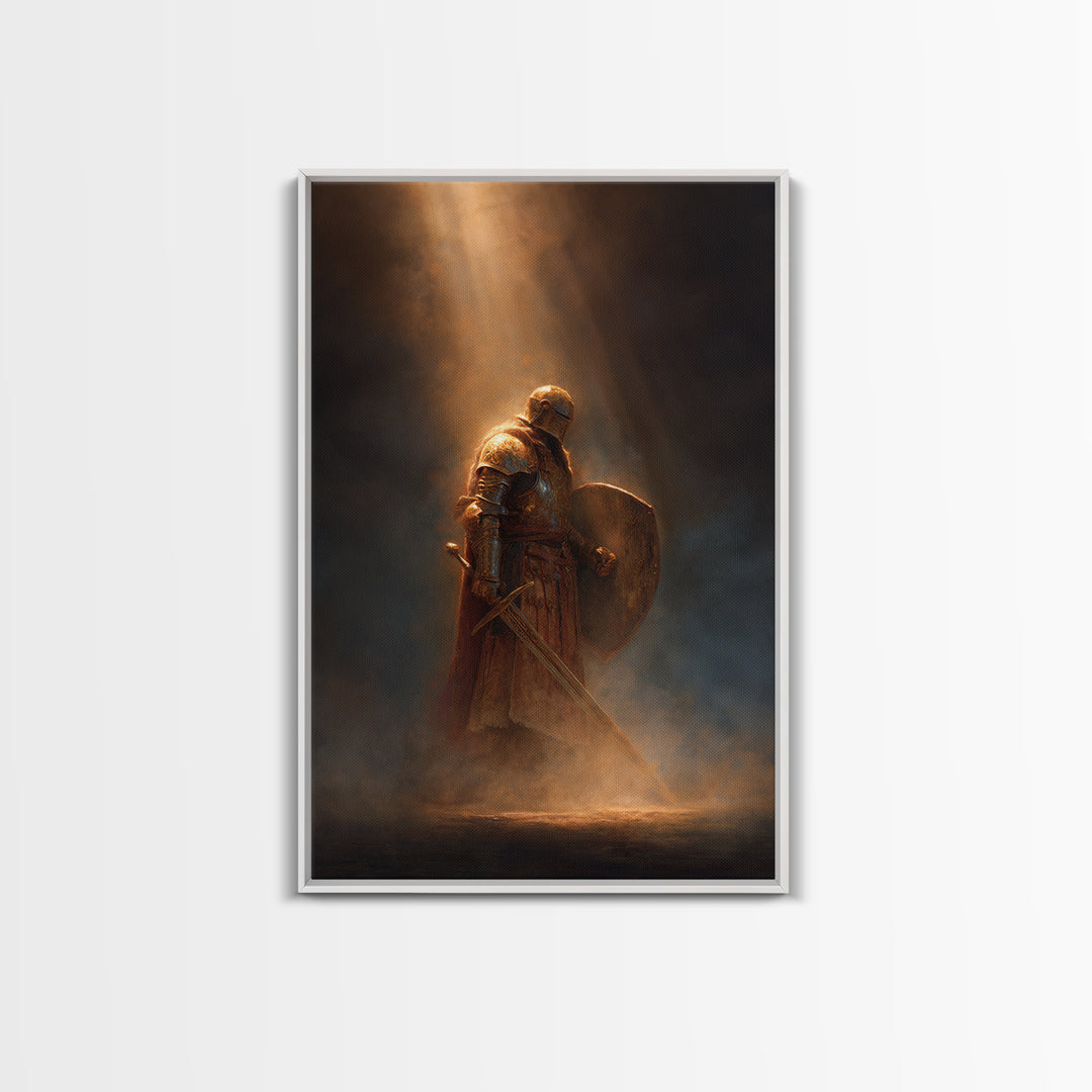 Knight With Sword And Shield Medieval Artwork Dark Fantasy Wall Art Decor Framed Canvas Print