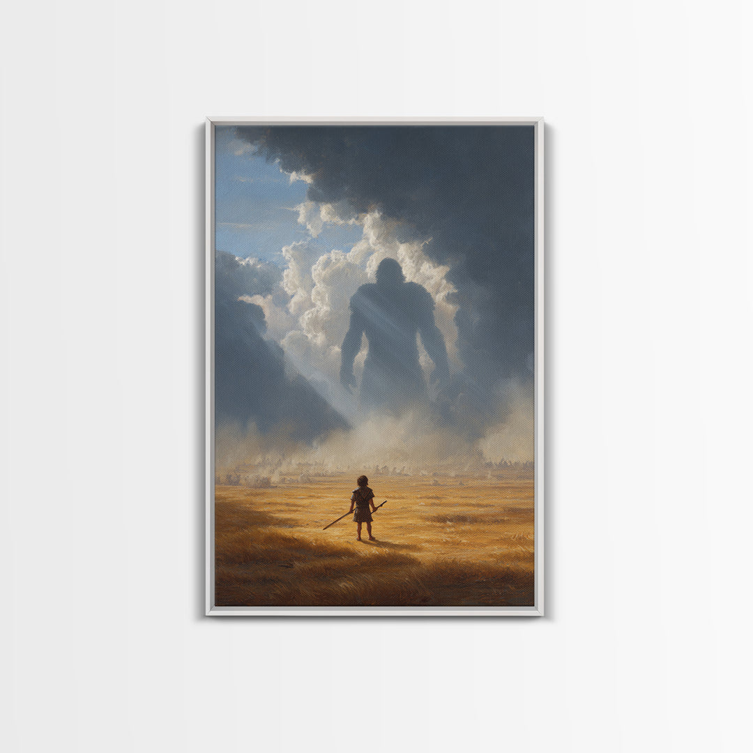 Epic Battle Scene With Warrior Facing Giant Shadow In Dramatic Landscape Wall Art Canvas Print