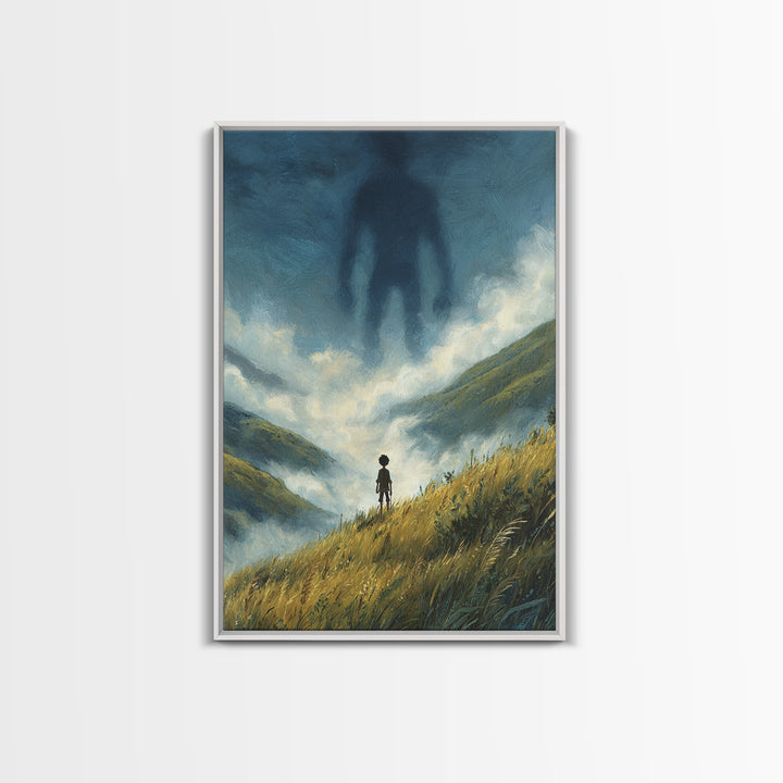Misty Valley With Lone Boy Facing Giant Shadow Figure Atmospheric Surreal Art Wall Art Canvas Print