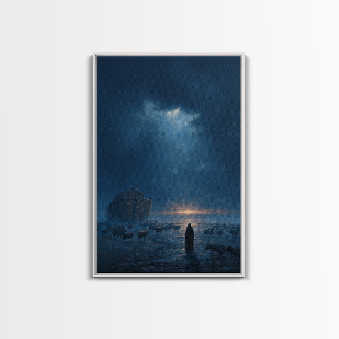 Dramatic Rainy Night With Ark And Shepherd Surrounded By Sheep Wall Art Framed Canvas Print For Home Decor