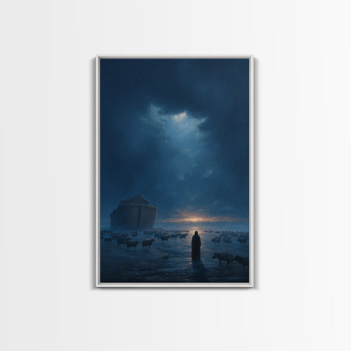 Dramatic Rainy Night With Ark And Shepherd Surrounded By Sheep Wall Art Framed Canvas Print For Home Decor