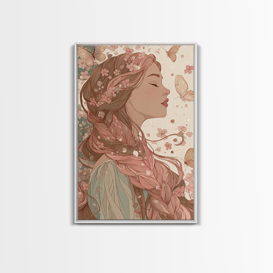 Art Nouveau Woman With Butterflies Framed Canvas Print, Feminine Wall Art, Floral Portrait, Romantic Bedroom Decor, Gift For Her