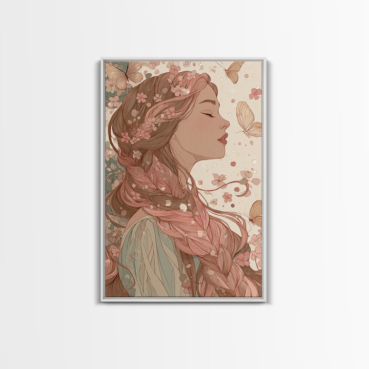 Art Nouveau Woman With Butterflies Framed Canvas Print, Feminine Wall Art, Floral Portrait, Romantic Bedroom Decor, Gift For Her