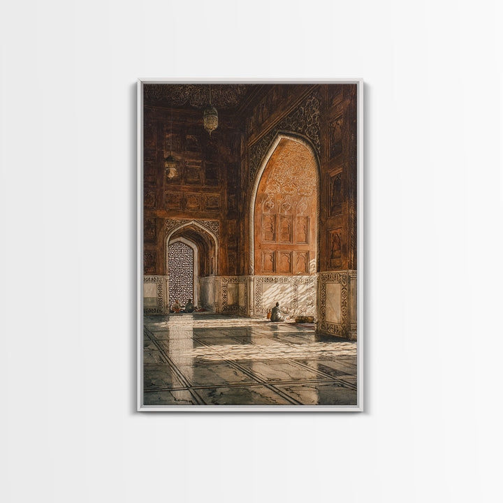 Sunlit Mosque Interior Painting With Intricate Archways Canvas Print Wall Art For Islamic Decor And Spiritual Ambiance