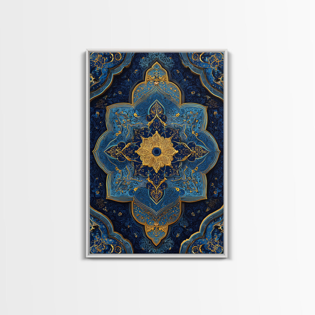 Luxurious Blue And Gold Ornate Mandala Pattern Modern Wall Decor Framed Canvas Print For Elegant Spaces