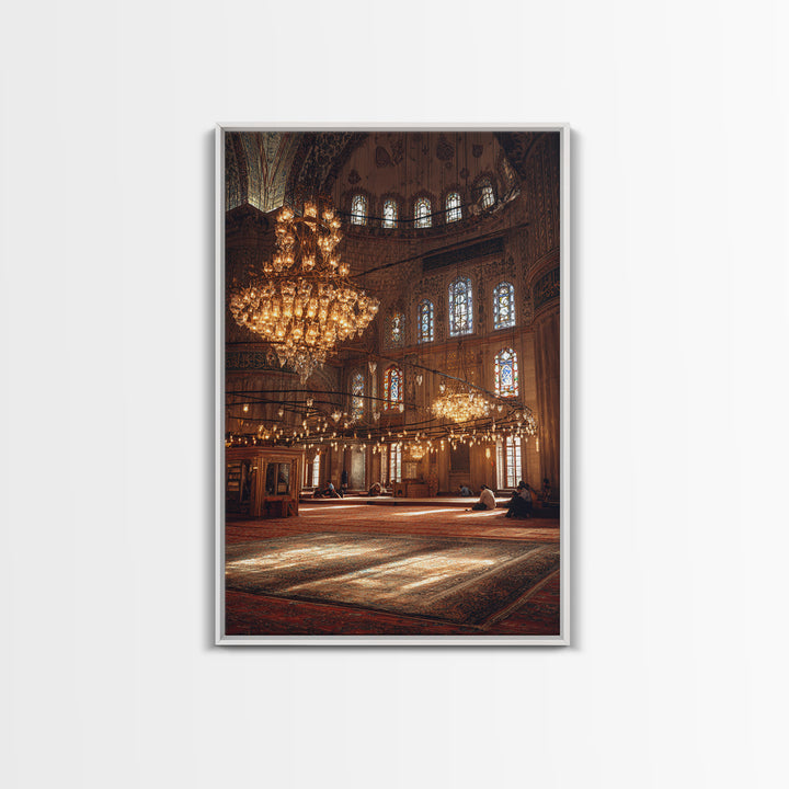 Beautiful Large Chandelier Lightning Historic Mosque Interior - Fine Art Wall Art Framed Canvas Print For Spiritual Spaces