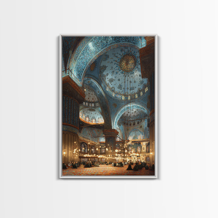 Intricate Islamic Blue Mosque Interior Wall Art Framed Canvas Print Religious Home Decor Spiritual Art Print
