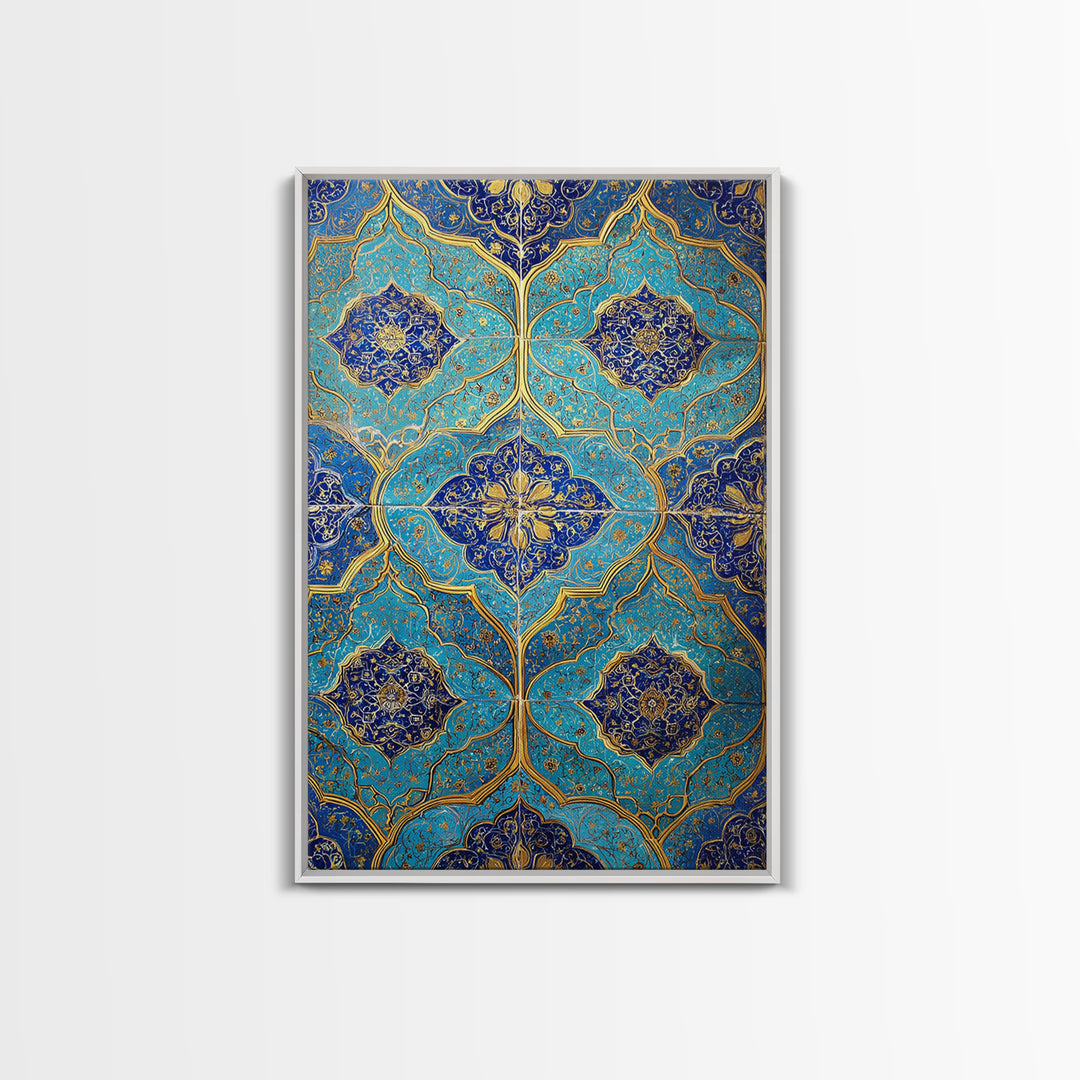 Intricate Blue And Gold Islamic Tile Pattern Wall Art Photography Print For Home Decor