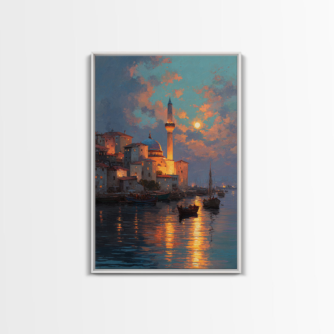 Golden Hour Coastal Landscape With Sword In Beach Sand Dramatic Sunset Painting Canvas Print For Unique Home Decor Wall Art