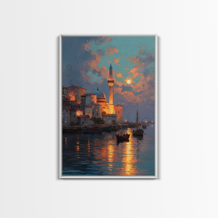 Golden Hour Coastal Landscape With Sword In Beach Sand Dramatic Sunset Painting Canvas Print For Unique Home Decor Wall Art