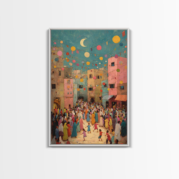 Colorful Festive Middle Eastern Street Scene With Moon And Lanterns Wall Art Framed Canvas Print