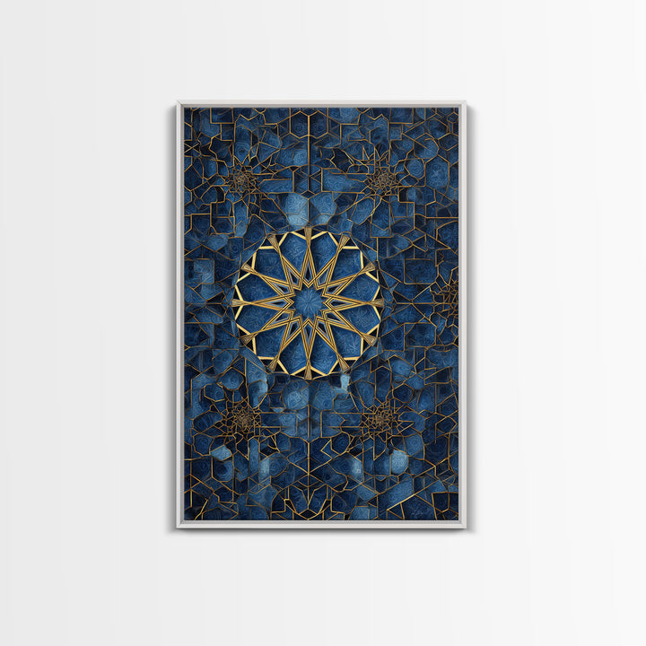 Intricate Blue And Gold Islamic Geometric Wall Art Framed Canvas Print Perfect For Modern Home Decor And Spiritual Spaces