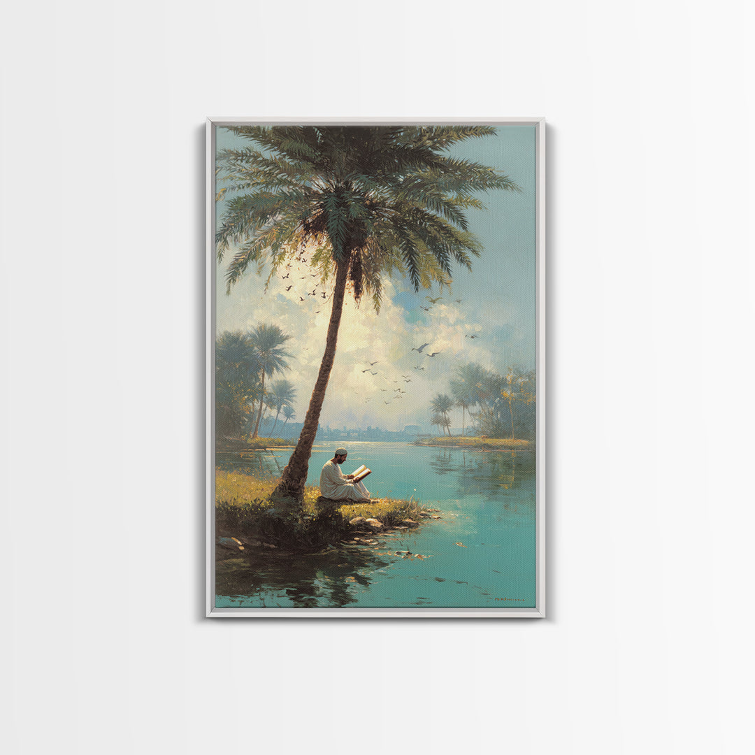 Serene Middle Eastern Landscape With Man Reading By Palm Tree Vintage Style Painting Wall Art Canvas Print