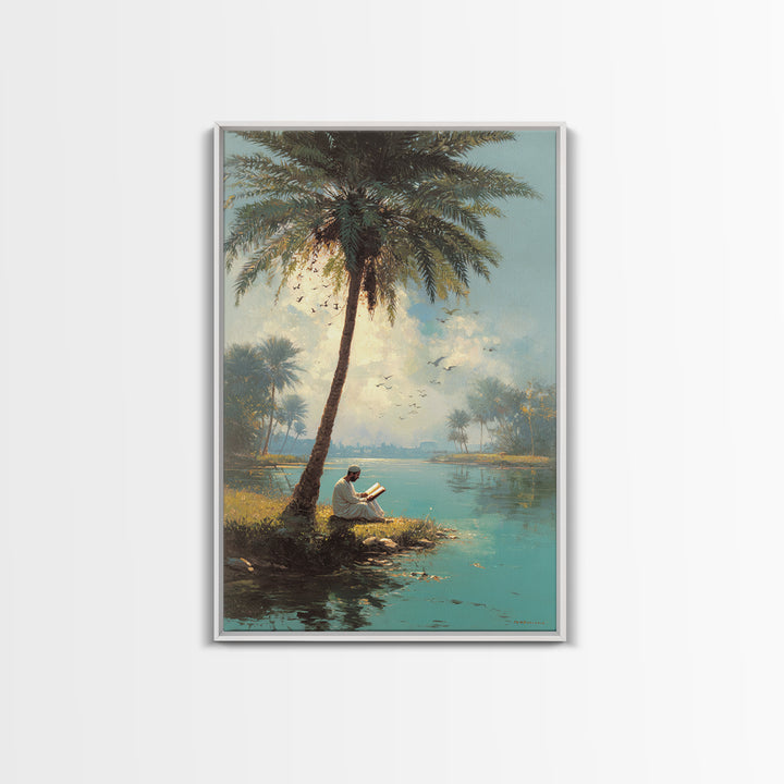 Serene Middle Eastern Landscape With Man Reading By Palm Tree Vintage Style Painting Wall Art Canvas Print