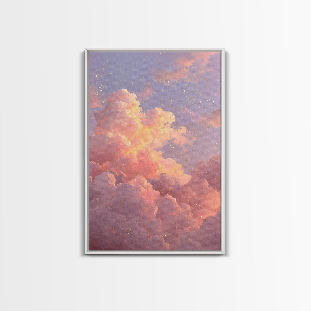 Dreamy Pink Clouds And Starry Sky Canvas Print, Celestial Wall Art, Pastel Nursery Decor, Whimsical Bedroom Art, Gift For Her