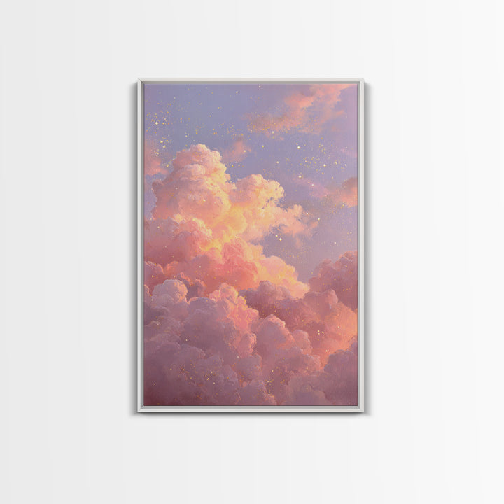 Dreamy Pink Clouds And Starry Sky Canvas Print, Celestial Wall Art, Pastel Nursery Decor, Whimsical Bedroom Art, Gift For Her