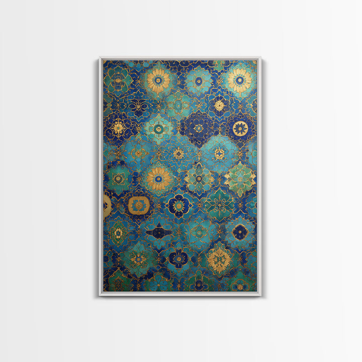 Blue And Gold Islamic Geometric Tile Art Elegant Framed Canvas Print For Traditional Home Decor Or Thoughtful Gift