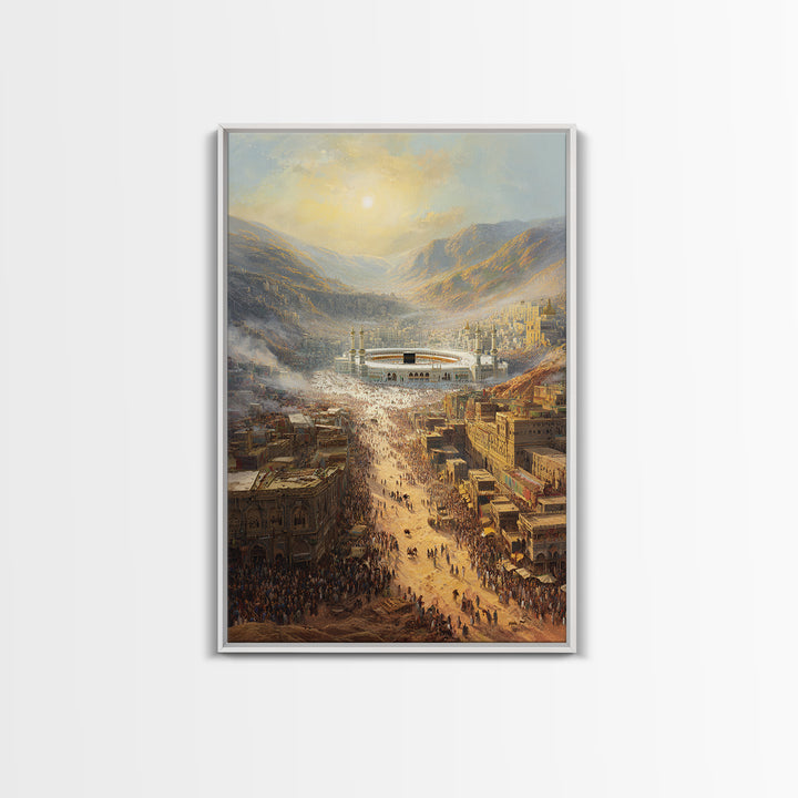 Sunrise Over Crowded Ancient Cityscape With Mountains And Kaaba - Wall Art Framed Canvas Print For Home Decor