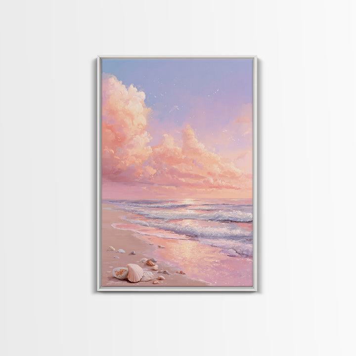 Pastel Ocean Sunrise With Seashells Canvas Print, Coastal Wall Art, Beach House Decor, Seascape Painting, Gift For Her, Home Decor