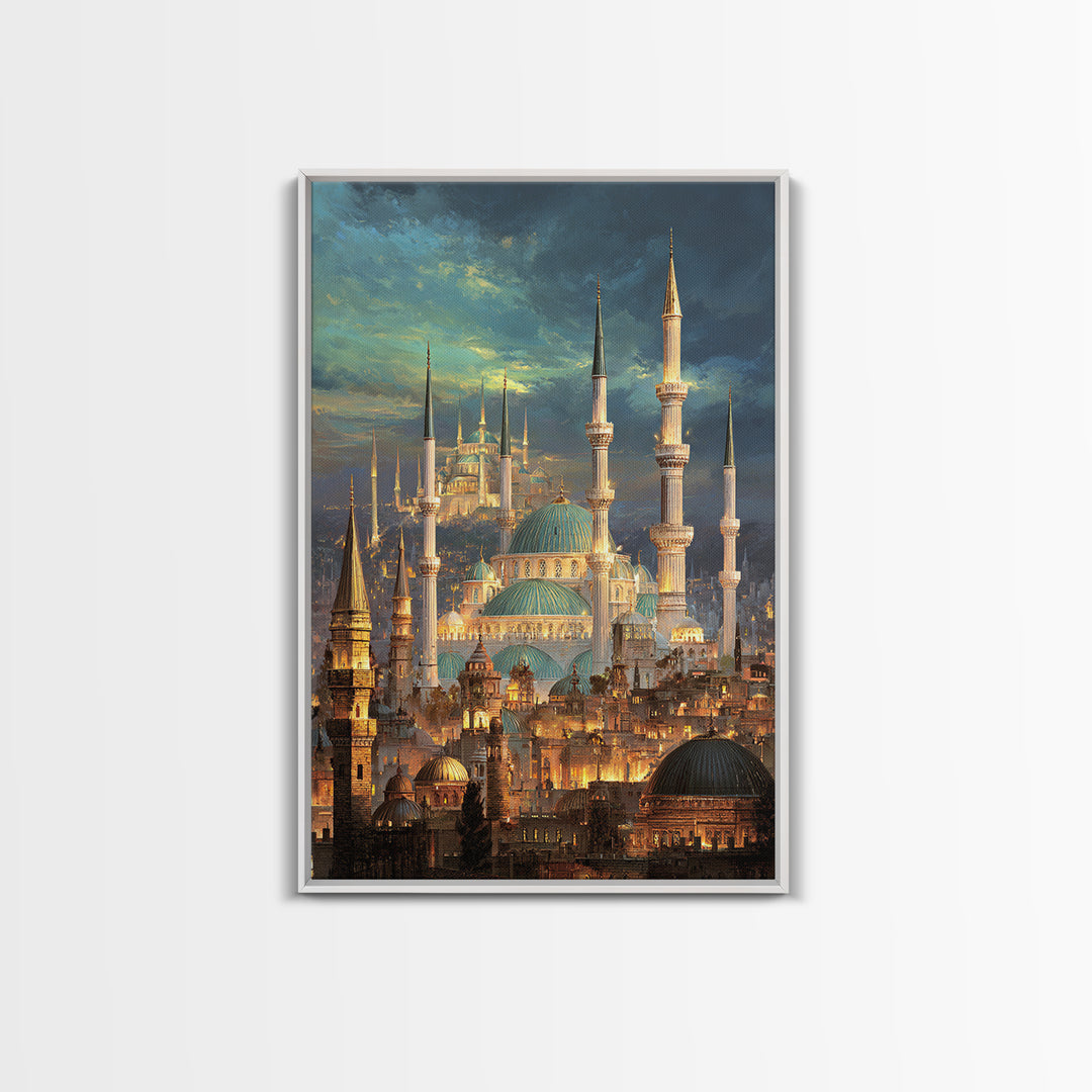 Elegant Cityscape Painting Of Historic Minarets And Domes With Glowing Lights At Dusk Wall Art Canvas Print