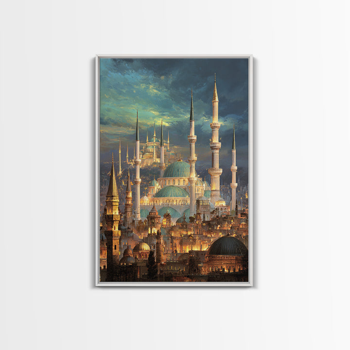 Elegant Cityscape Painting Of Historic Minarets And Domes With Glowing Lights At Dusk Wall Art Canvas Print
