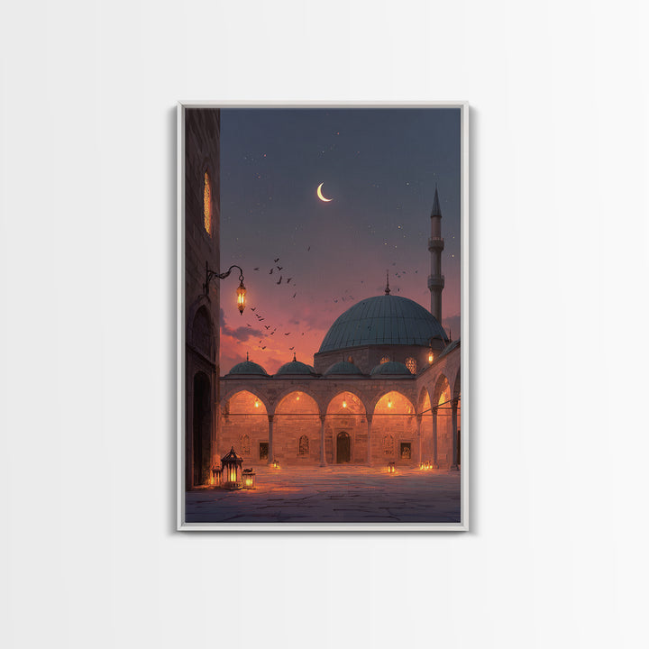 Magical Mosque Courtyard At Dusk With Lanterns And Crescent Moon Vibrant Islamic Wall Art Framed Canvas Print
