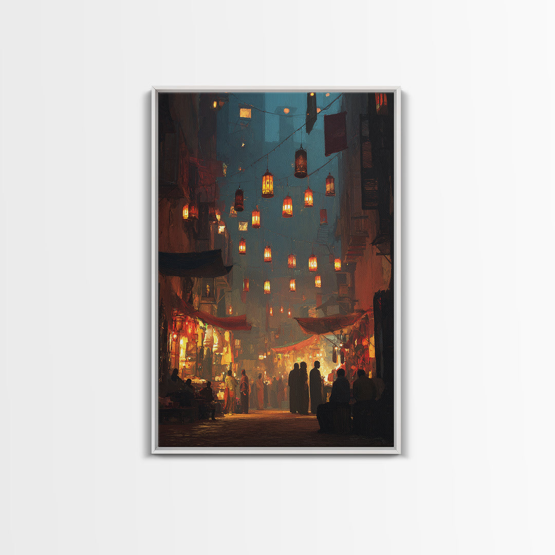 Vibrant Night Market Scene Oil Painting Wall Art Canvas Print For Living Room Decor And Boho Home