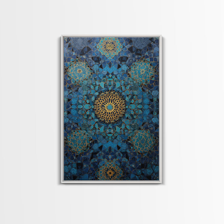 Intricate Blue And Gold Islamic Geometric Pattern Wall Art Framed Canvas Print For Modern Home Decor