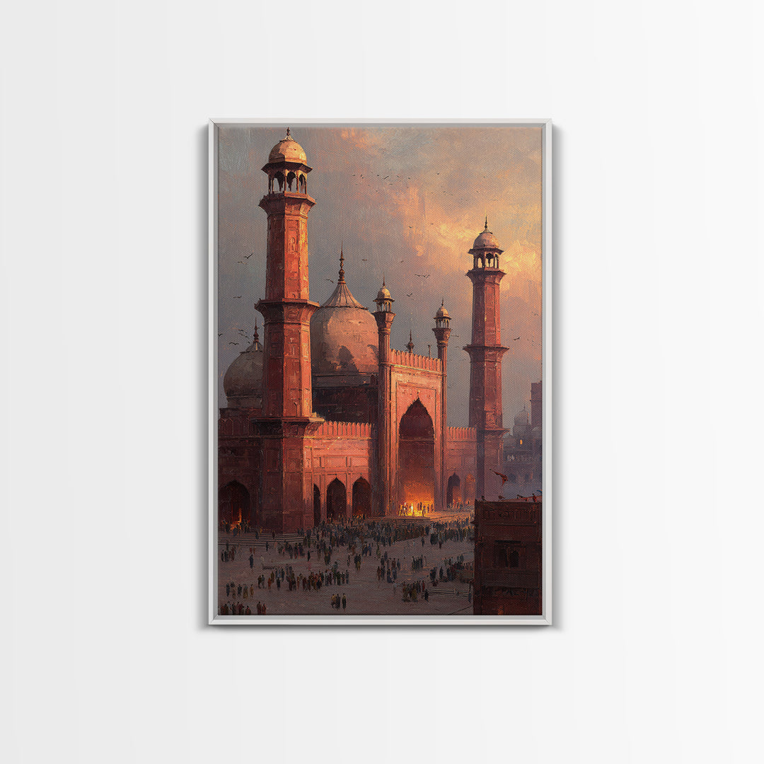 Historic Red Mosque Sunset Scene With Crowds And Birds Captured In Beautiful Oil Painting Wall Art