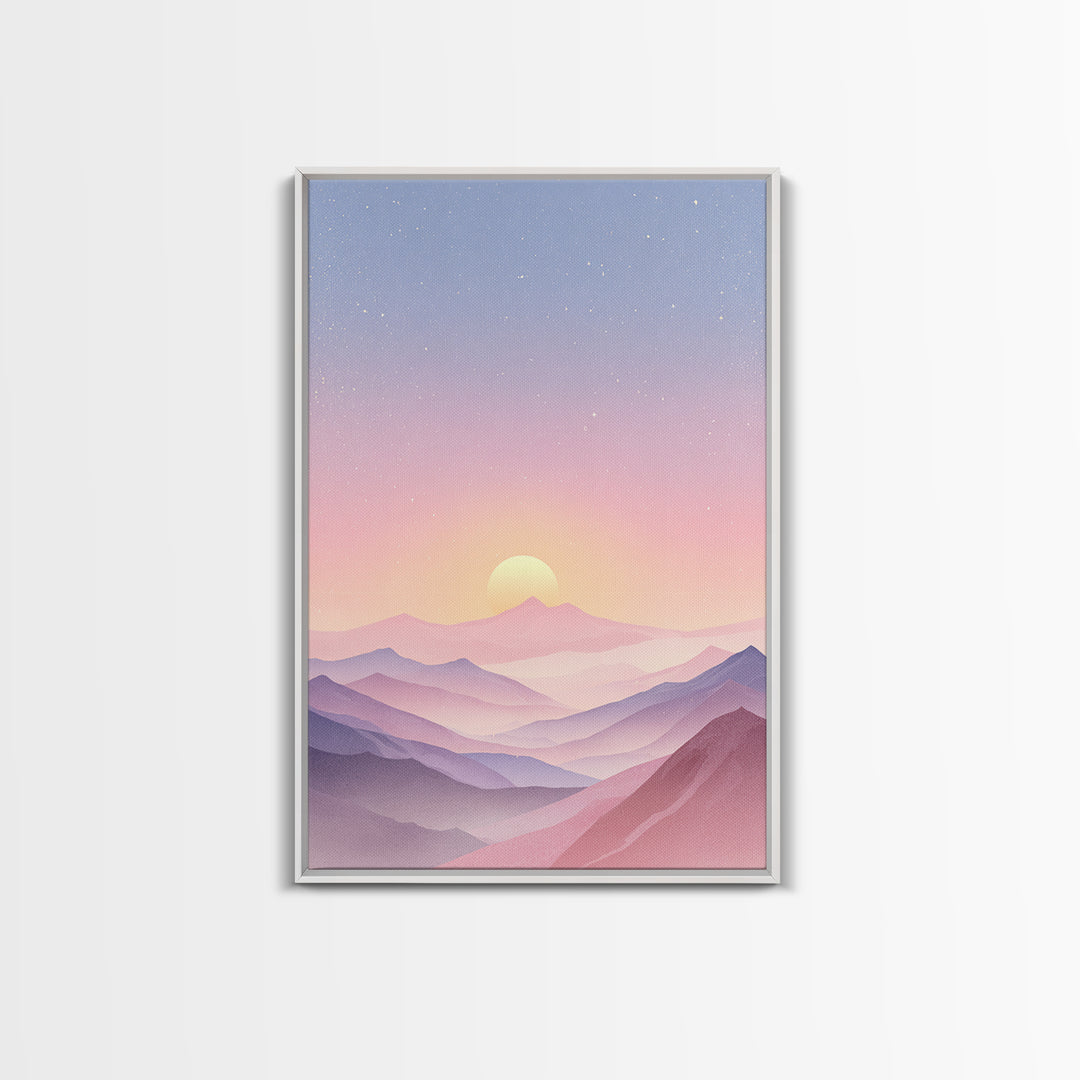 Pastel Mountain Sunrise Under Starry Sky Wall Art, Minimalist Landscape Print, Calming Bedroom Decor, Modern Home Decor, Gift
