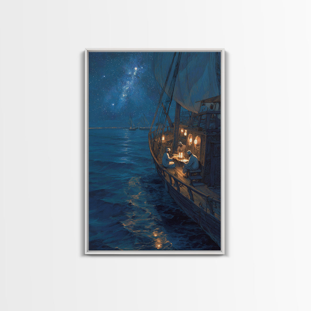 Sailors Reading By Lantern On Historic Ship Under Starry Night Sky Wall Art Framed Canvas Print For Nautical Home Decor
