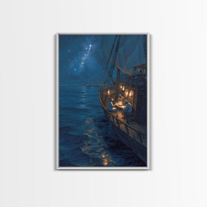 Sailors Reading By Lantern On Historic Ship Under Starry Night Sky Wall Art Framed Canvas Print For Nautical Home Decor